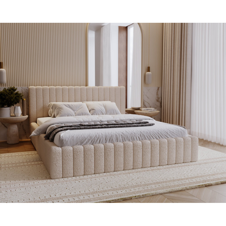 MITIS Polsterbett – Doppelbett mit Bettkasten, Lattenrost und Boucle-Stoff in ‚Lammfell‘-Optik MITIS Polsterbett – Doppelbett mit Bettkasten, Lattenrost und Boucle-Stoff in ‚Lammfell‘-Optik