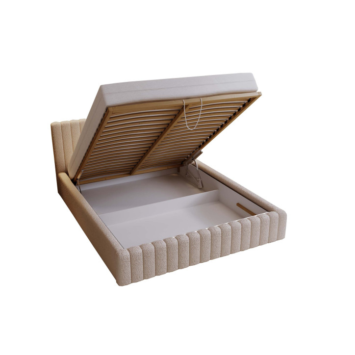 MITIS Polsterbett – Doppelbett mit Bettkasten, Lattenrost und Boucle-Stoff in ‚Lammfell‘-Optik MITIS Polsterbett – Doppelbett mit Bettkasten, Lattenrost und Boucle-Stoff in ‚Lammfell‘-Optik