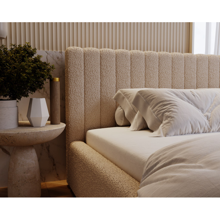 MITIS Polsterbett – Doppelbett mit Bettkasten, Lattenrost und Boucle-Stoff in ‚Lammfell‘-Optik MITIS Polsterbett – Doppelbett mit Bettkasten, Lattenrost und Boucle-Stoff in ‚Lammfell‘-Optik