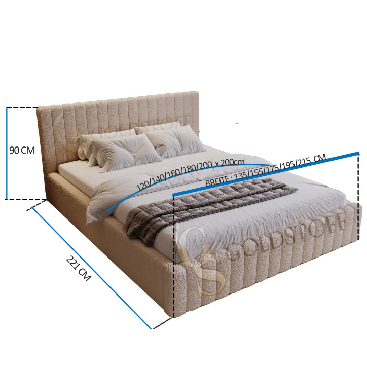 MITIS Polsterbett – Doppelbett mit Bettkasten, Lattenrost und Boucle-Stoff in ‚Lammfell‘-Optik MITIS Polsterbett – Doppelbett mit Bettkasten, Lattenrost und Boucle-Stoff in ‚Lammfell‘-Optik