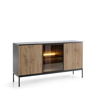 Callagher 153 cm Kommode mit LED-Beleuchtung – Schwarz und Eiche Wotan