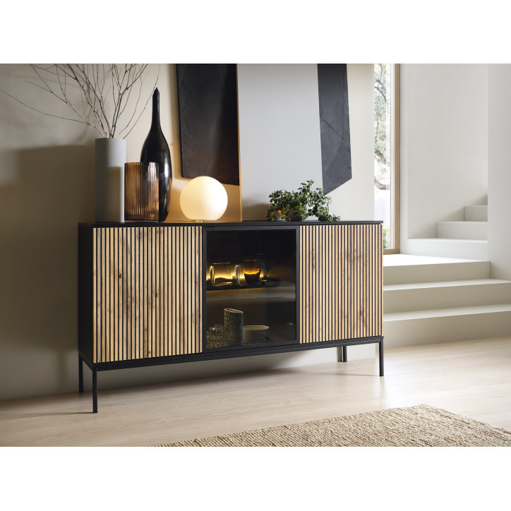 Callagher Kommode 153 cm mit LED-Beleuchtung – Moderner Stauraum in Schwarz-Eiche Wotan Callagher Kommode 153 cm mit LED-Beleuchtung – Moderner Stauraum in Schwarz-Eiche Wotan