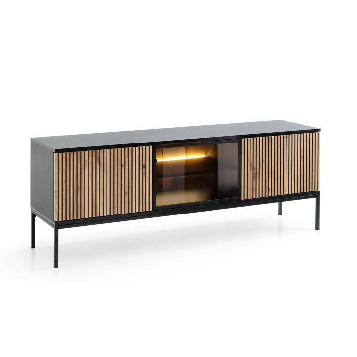 Callagher Lowboard – Moderner TV-Unterschrank mit LED-Beleuchtung, Schwarz & Eiche Wotan Callagher Lowboard – Moderner TV-Unterschrank mit LED-Beleuchtung, Schwarz & Eiche Wotan