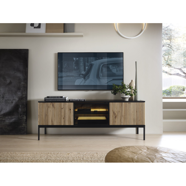 Callagher Lowboard – Moderner TV-Unterschrank mit LED-Beleuchtung, Schwarz & Eiche Wotan Callagher Lowboard – Moderner TV-Unterschrank mit LED-Beleuchtung, Schwarz & Eiche Wotan
