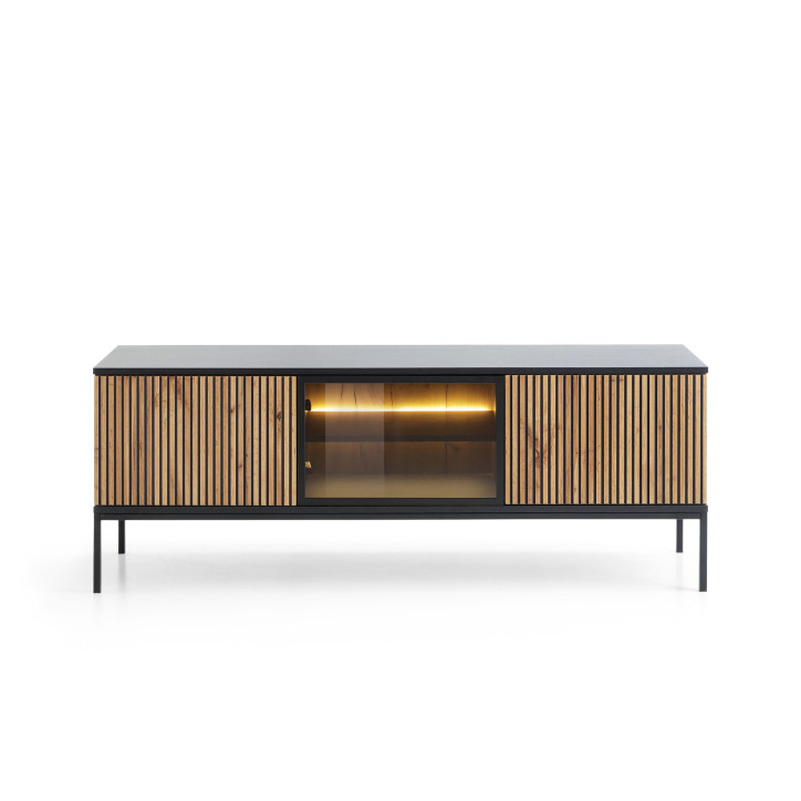 Callagher Lowboard – Moderner TV-Unterschrank mit LED-Beleuchtung, Schwarz & Eiche Wotan Callagher Lowboard – Moderner TV-Unterschrank mit LED-Beleuchtung, Schwarz & Eiche Wotan