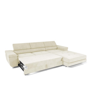 VENUS TWIN Ecksofa in Beige - Rechte Seite, Seitenansicht mit ausgeklappter Schlaffunktion