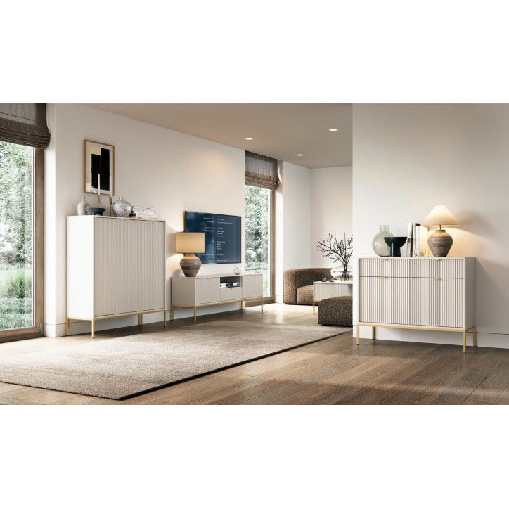 Sideboard 100 cm Visanna – Zweitürige Kommode mit Beinen & geriffelten Fronten Sideboard 100 cm Visanna – Zweitürige Kommode mit Beinen & geriffelten Fronten