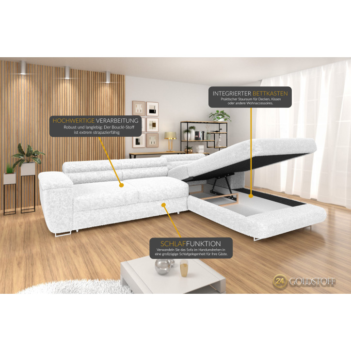 Ecksofa VENUS BONJOUR – Bouclé, Schlaffunktion, Bettkasten, verstellbare Kopfstützen Ecksofa VENUS BONJOUR – Bouclé, Schlaffunktion, Bettkasten, verstellbare Kopfstützen
